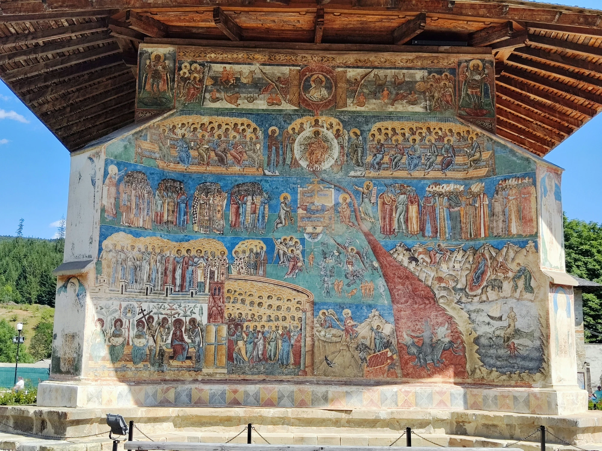 Voroneț Monastery with its famous blue frescoes and painted exterior walls in Bukovina